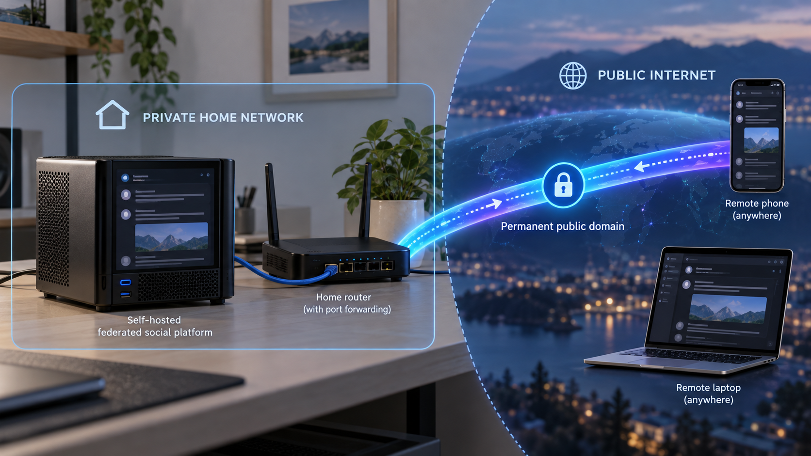 A home server running Mastodon connects to remote devices through an encrypted public tunnel.