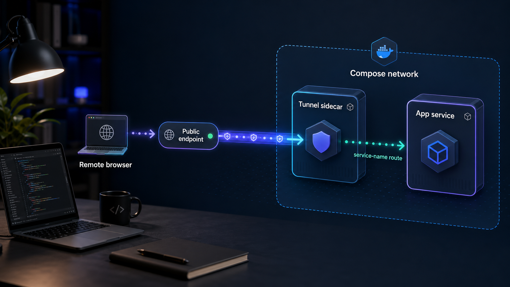 A Localtonet companion container routes public traffic toward an application container over a shared Compose network.