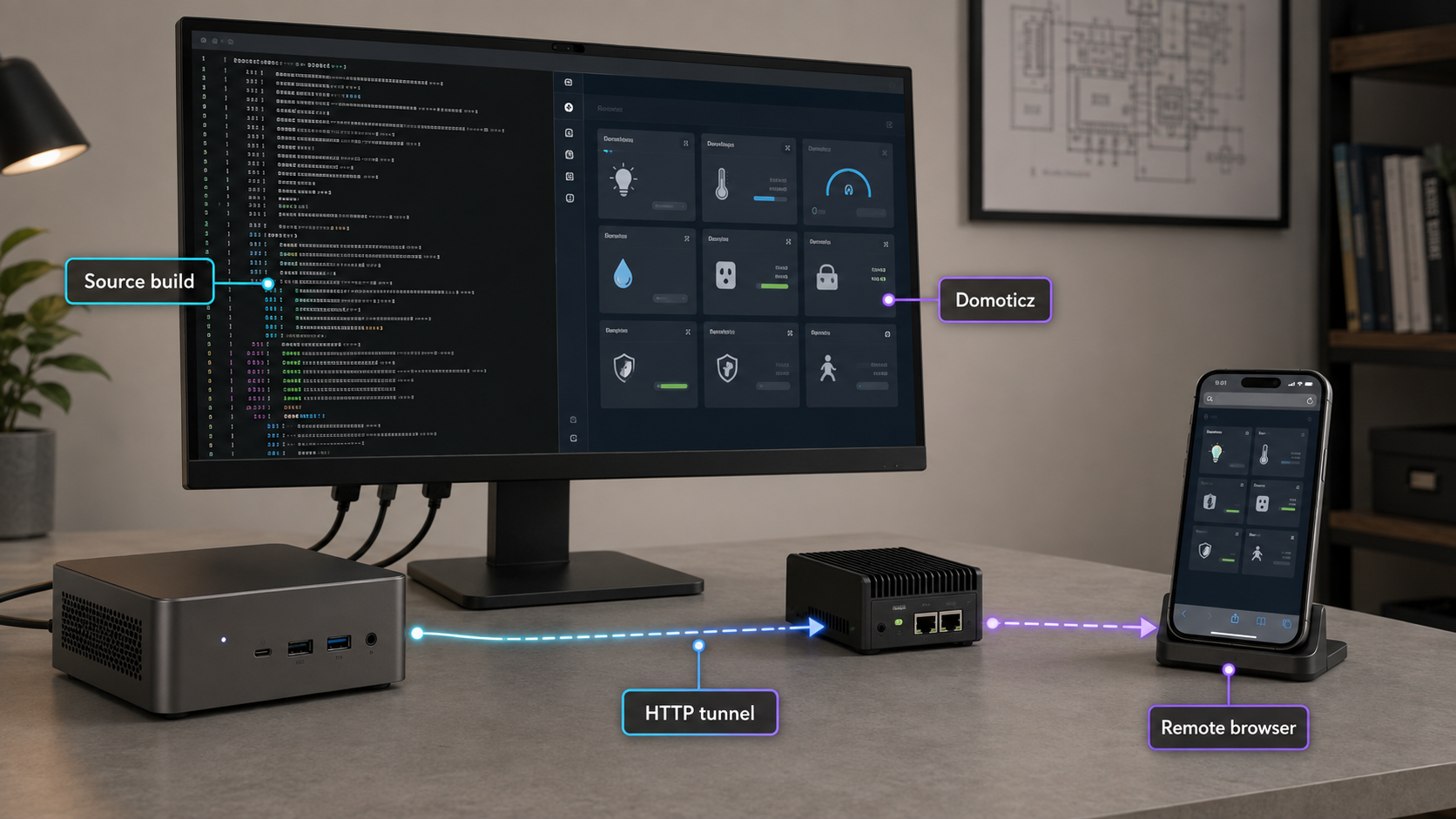 Debian workstation running a source-built Domoticz service connected to a remote browser through Localtonet.