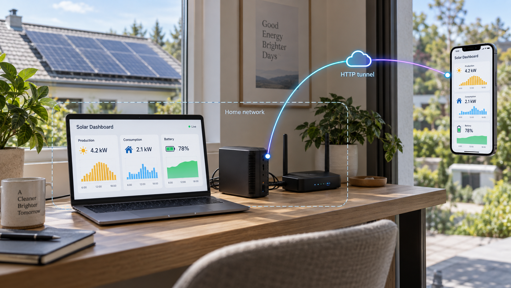 Self-hosted SOLECTRUS solar dashboard on a private server with remote browser access through a Localtonet tunnel.