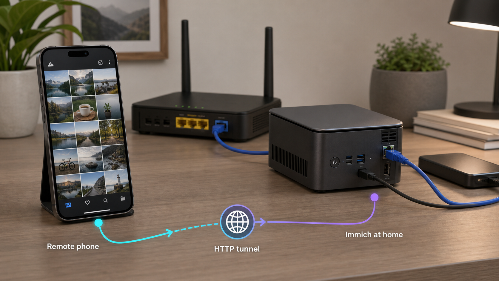 A phone accessing an Immich photo library hosted on a home server through an HTTP tunnel.