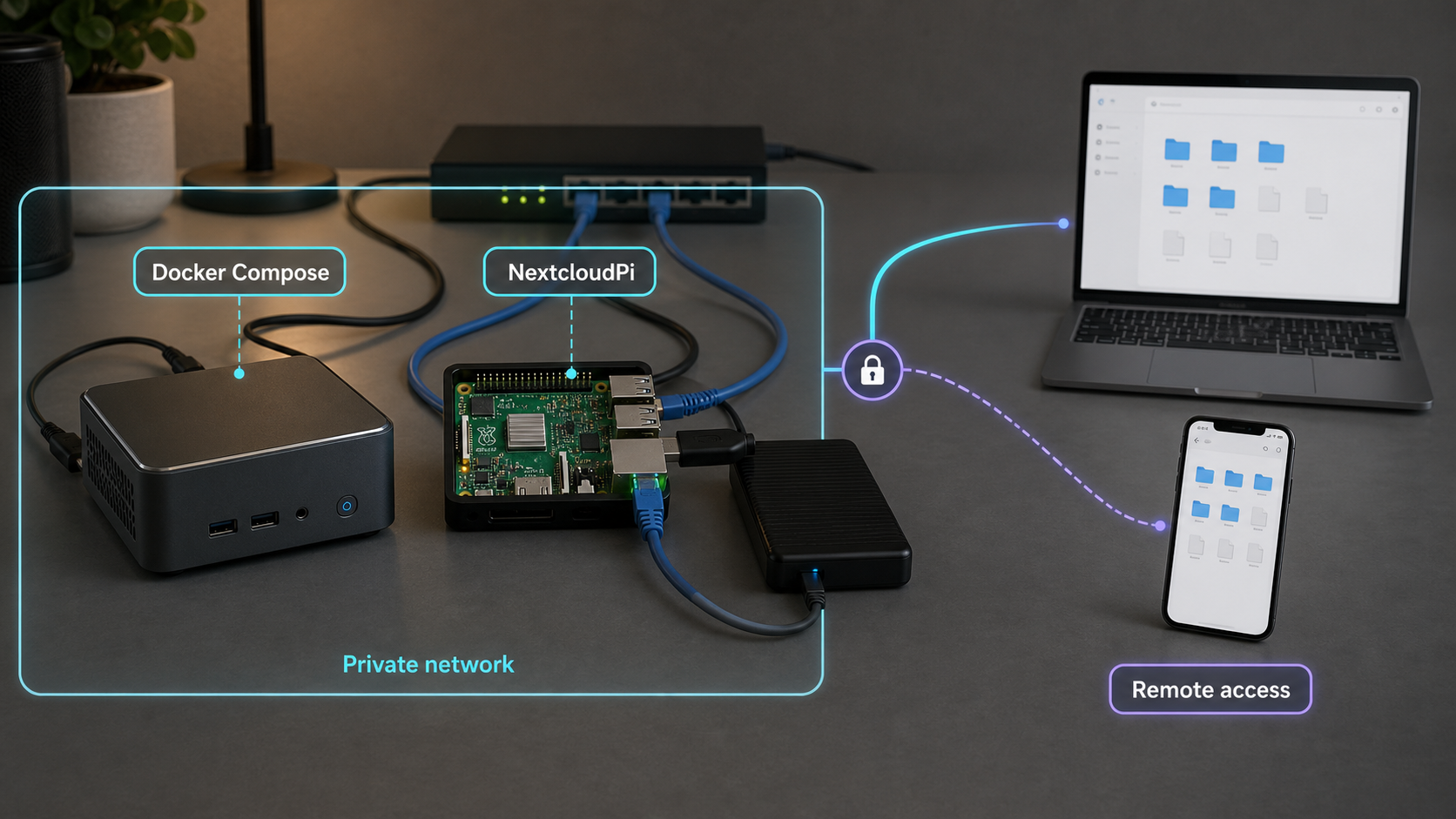 Linux mini PC and Raspberry Pi hosting Nextcloud for remote laptop and phone access.