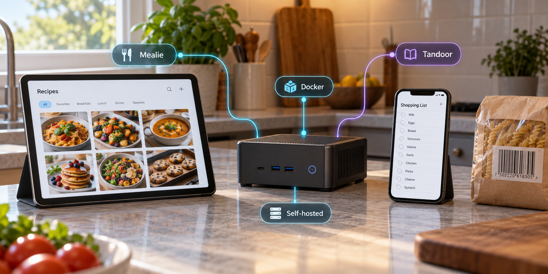 A home server connects a tablet recipe library and a phone shopping list in a kitchen.