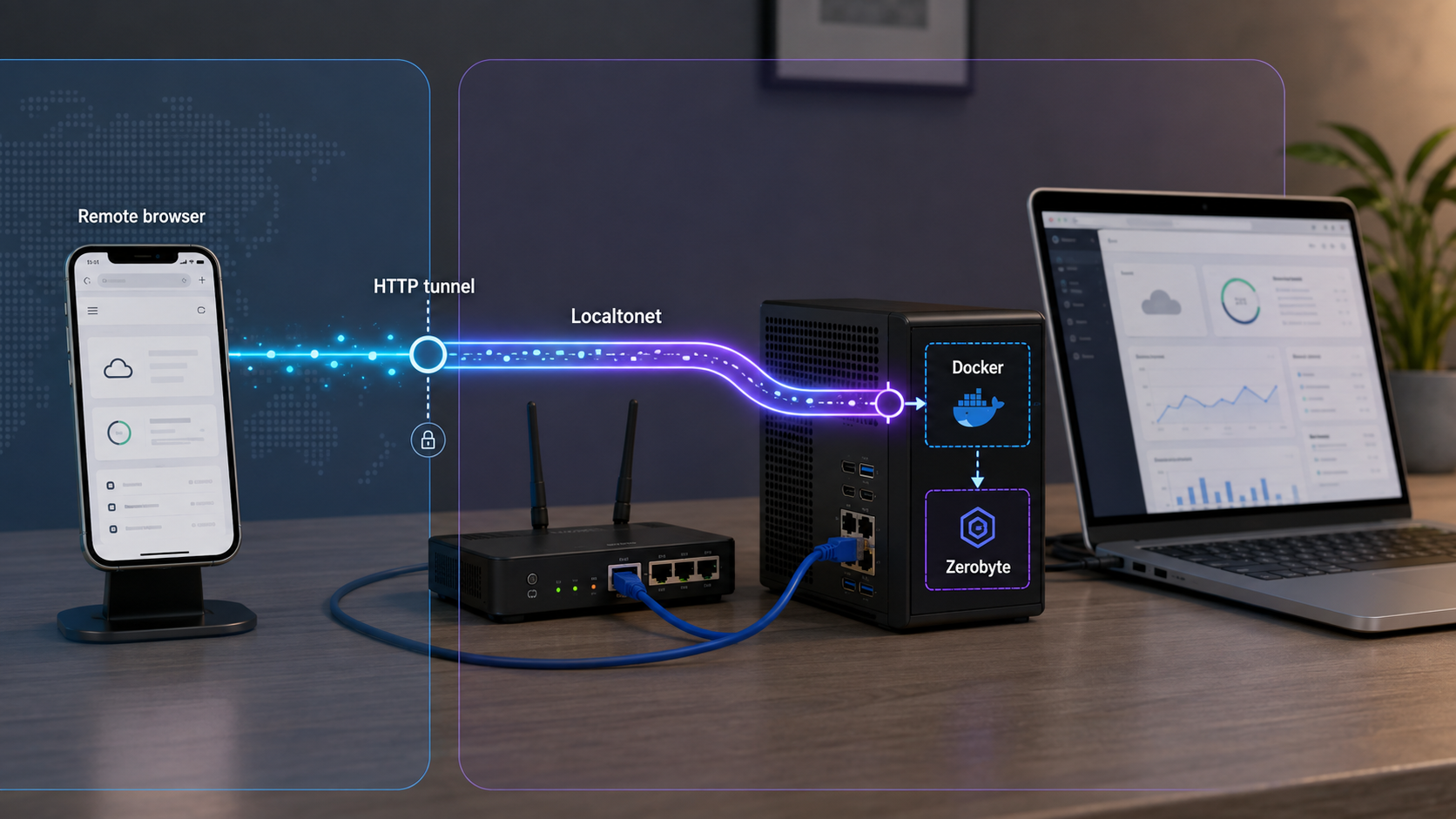 A remote browser reaches a Docker-hosted Zerobyte service through a Localtonet HTTP tunnel.