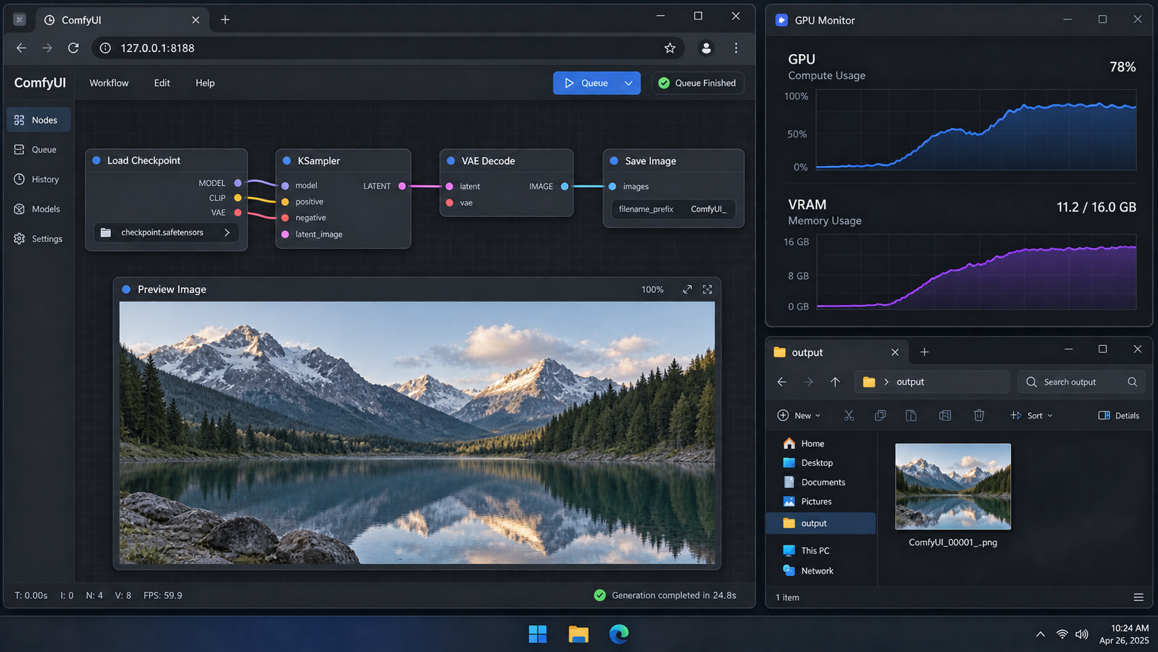 ComfyUI shows a completed workflow beside GPU activity and a saved output file.