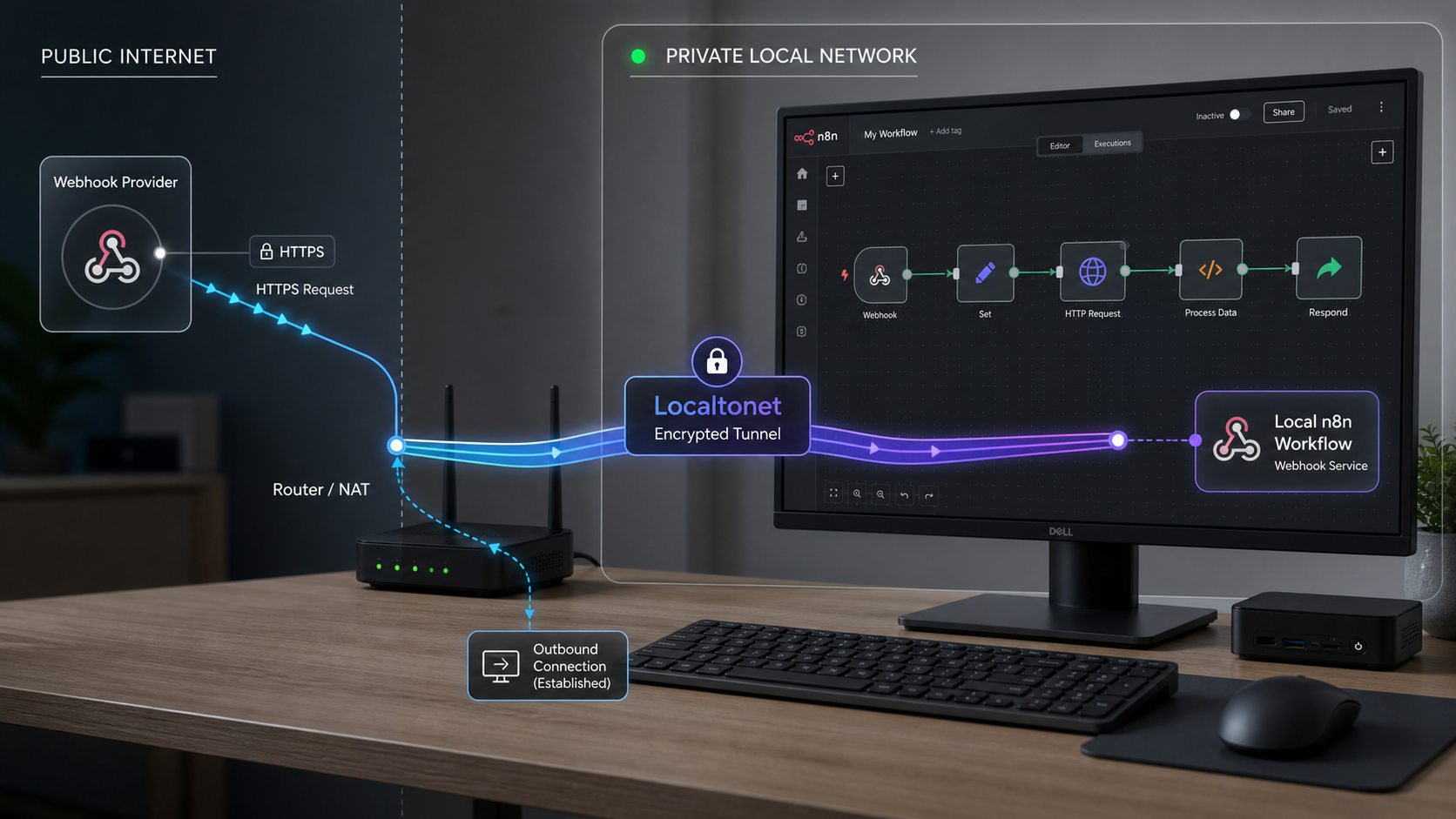 Public webhook traffic reaching a local n8n service through a Localtonet HTTP tunnel