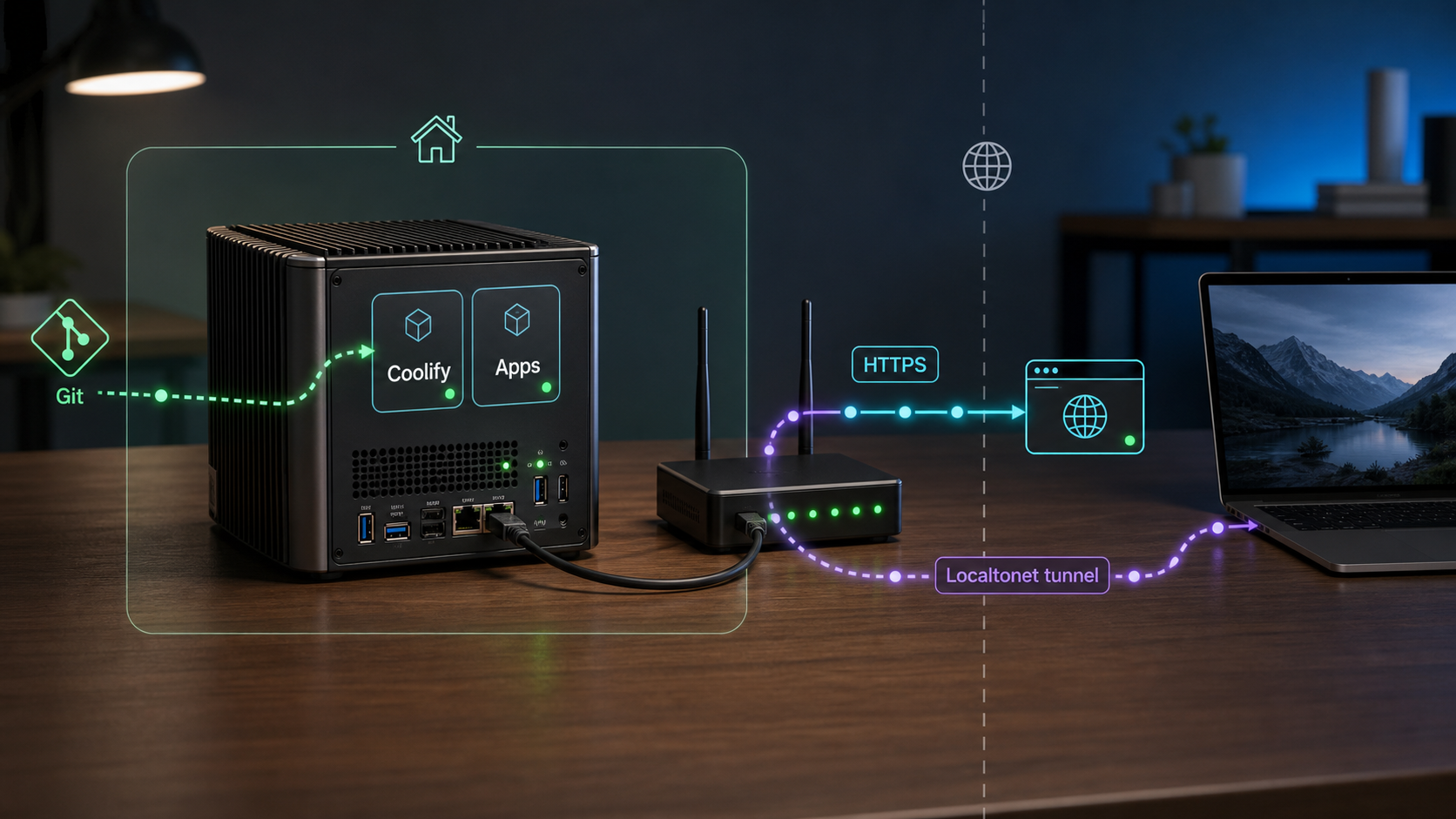A self-hosted server runs Coolify applications and connects to remote users through HTTPS and Localtonet.