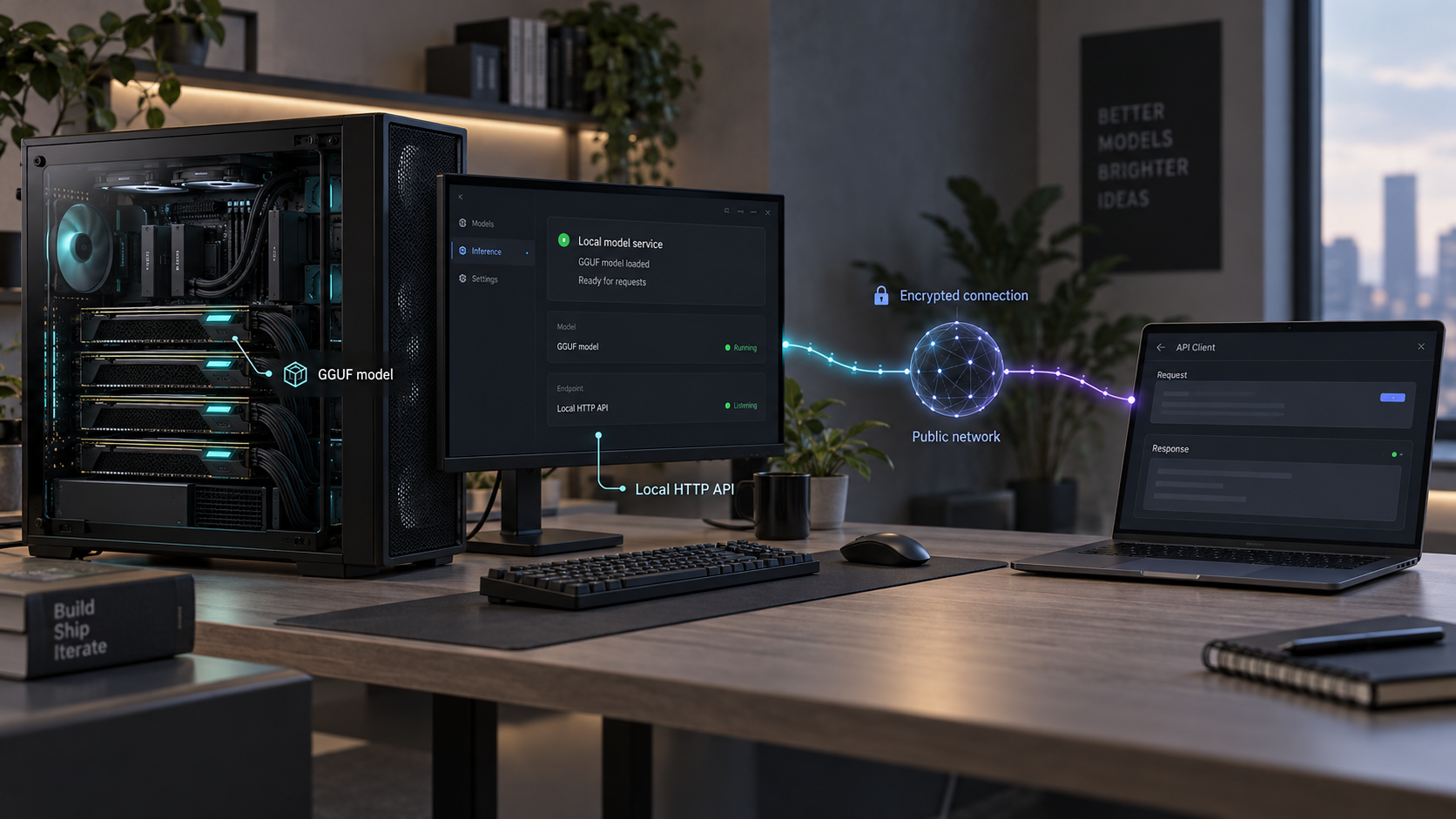 Multi-GPU workstation serving a local inference API through a secure tunnel to a remote client.