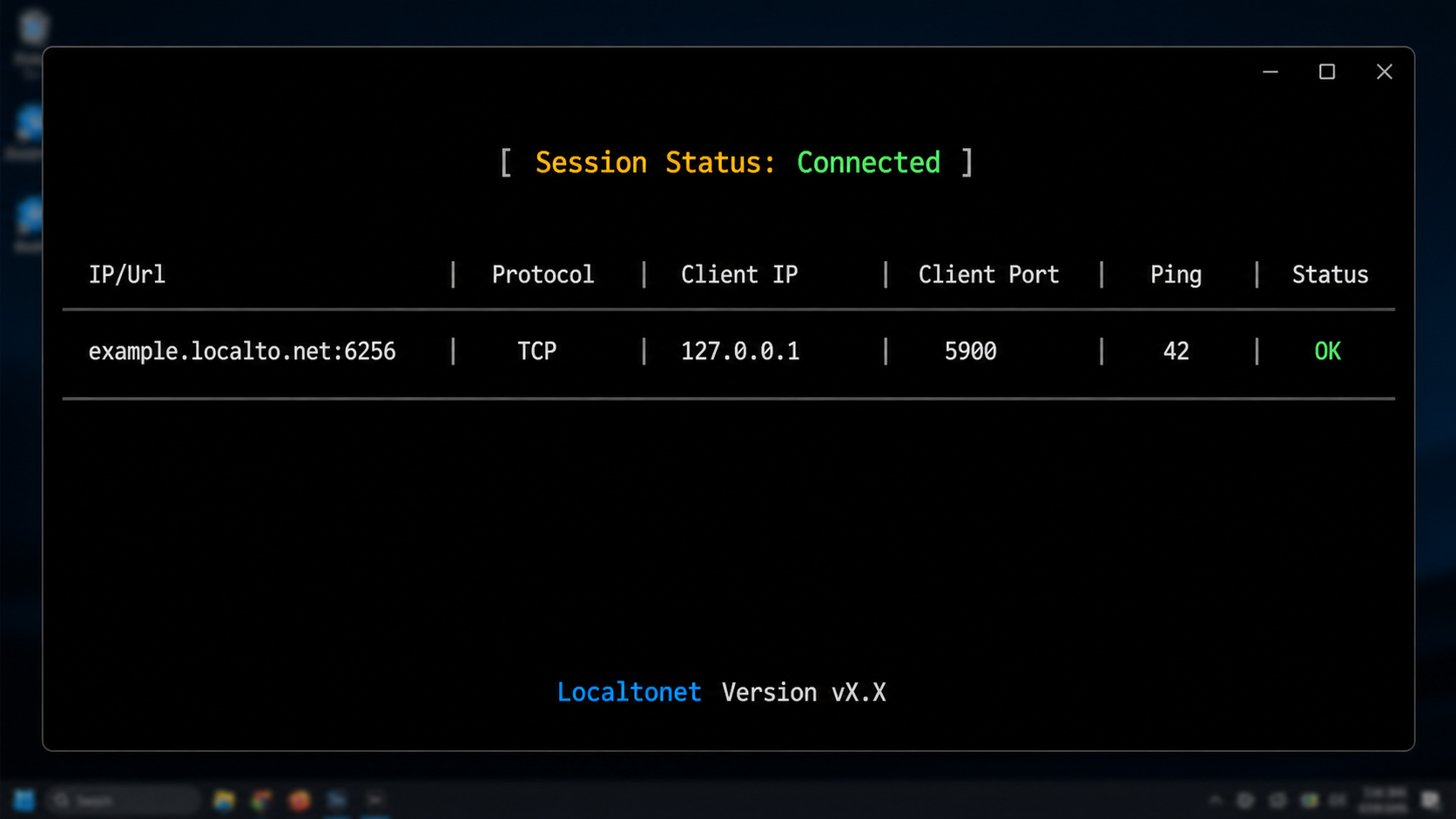Localtonet client console displaying a connected TCP tunnel to a loopback remote desktop port without showing an authentication token