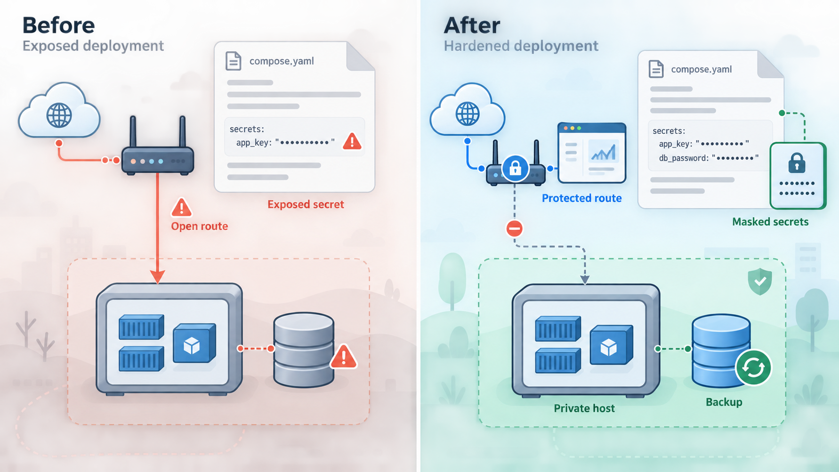 Comparison of exposed secrets and an open route with a protected onWatch deployment.