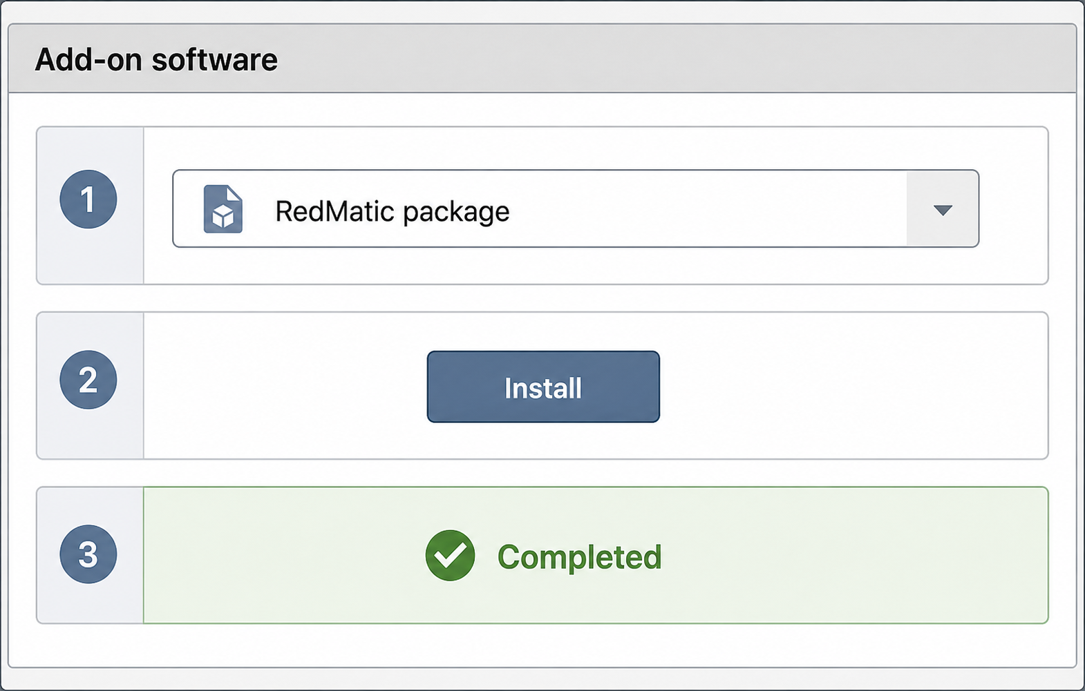 Homematic WebUI add-on software page with a RedMatic installation archive selected.