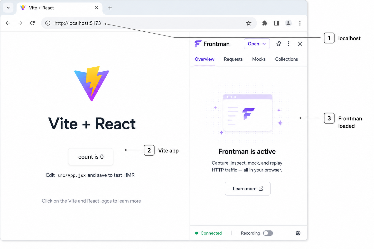 A Vite application on localhost with the Frontman browser interface active