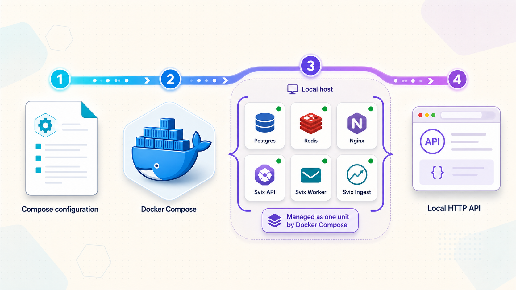 Docker Compose starts the Svix API, PostgreSQL, and Redis services as one local project.