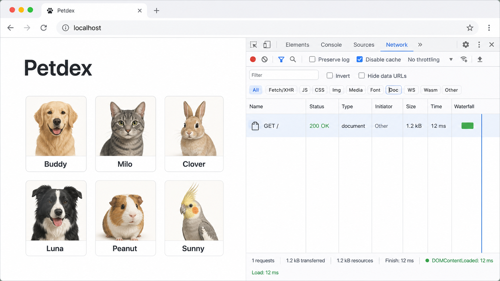 Petdex loaded from localhost with a successful browser request.