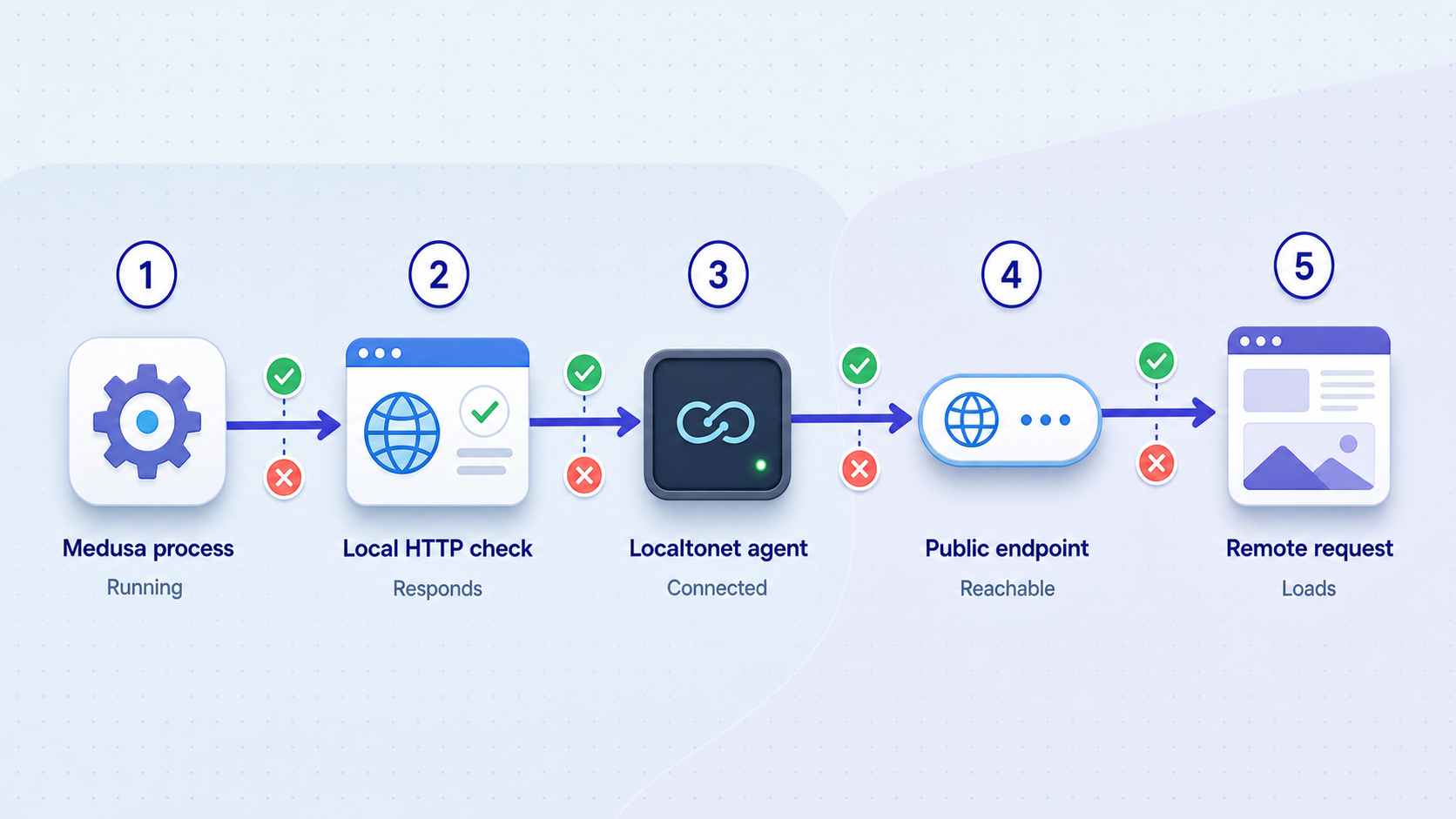 Troubleshooting checkpoints from PostgreSQL and the Medusa process through Localtonet to a remote browser.