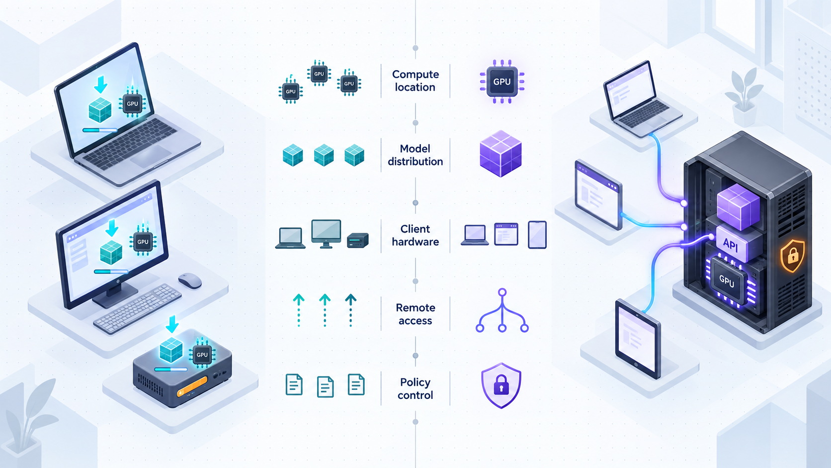 Per-device WebGPU deployment compared with centralized inference on a local GPU server.