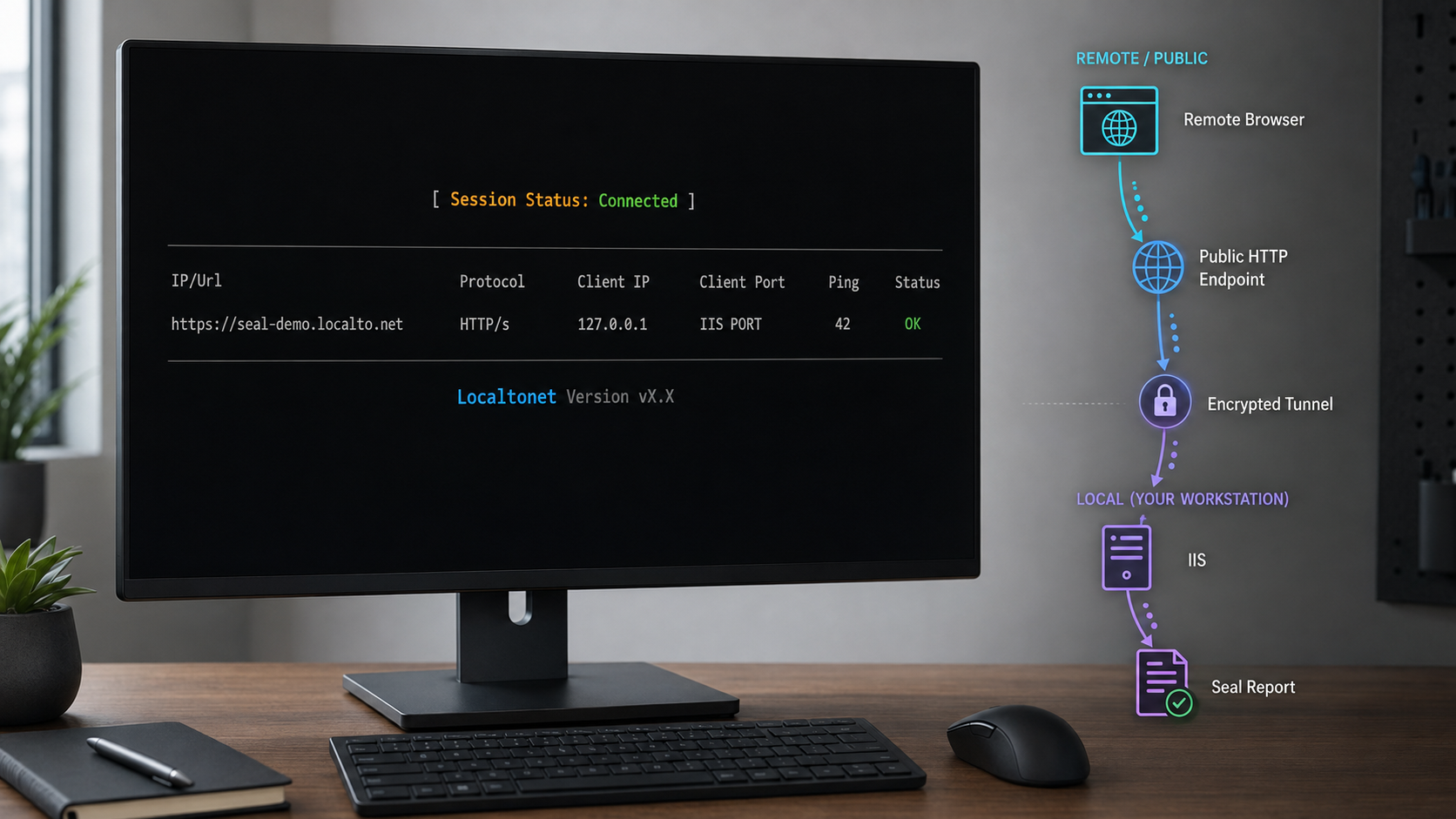 A connected Localtonet client forwards a public HTTPS endpoint to the verified IIS address serving Seal Report.