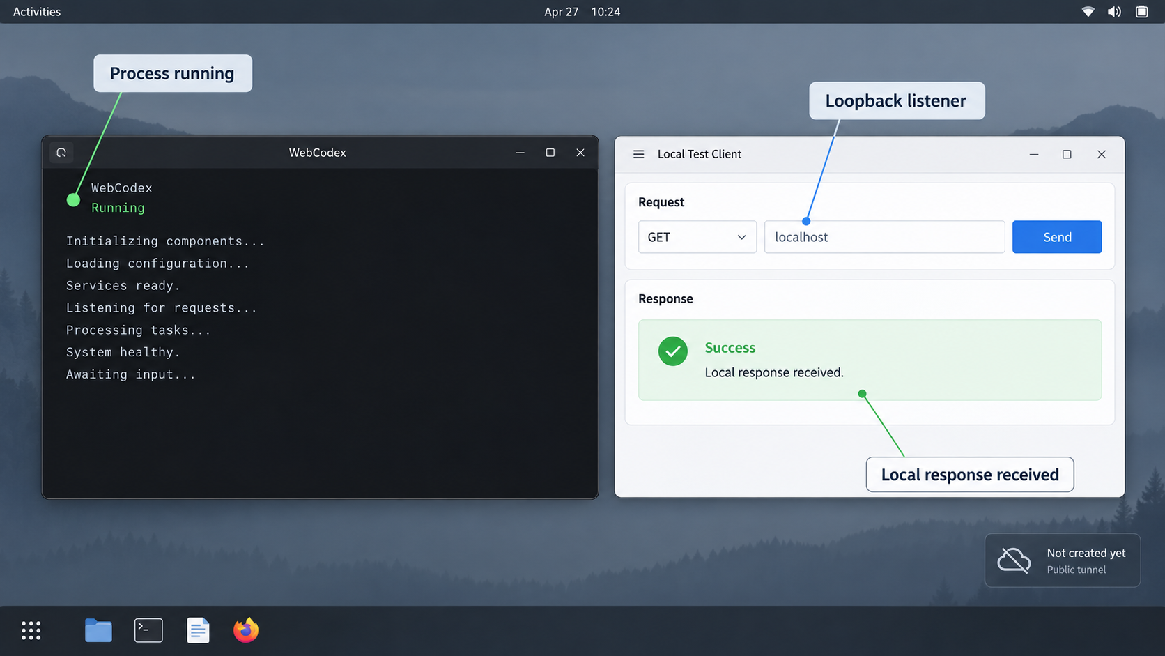 Linux screen showing WebCodex running and responding to a local check before tunnel creation.