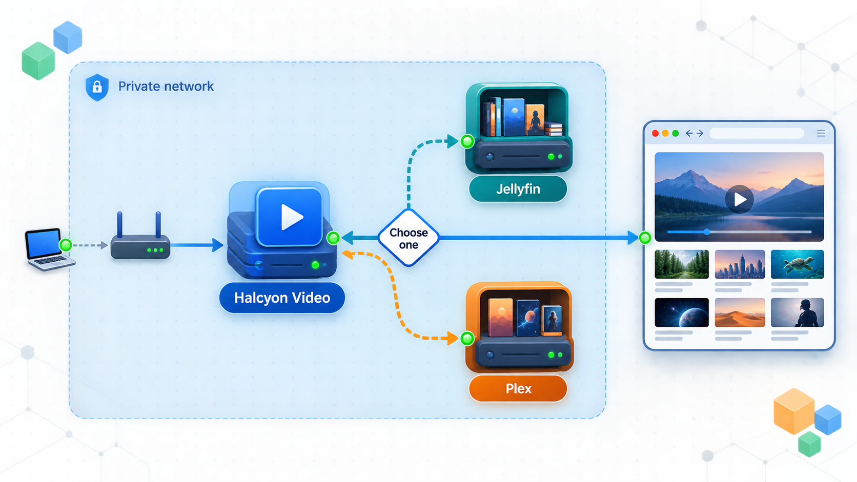 Halcyon Video configured with either a Jellyfin server or a Plex server on a private network