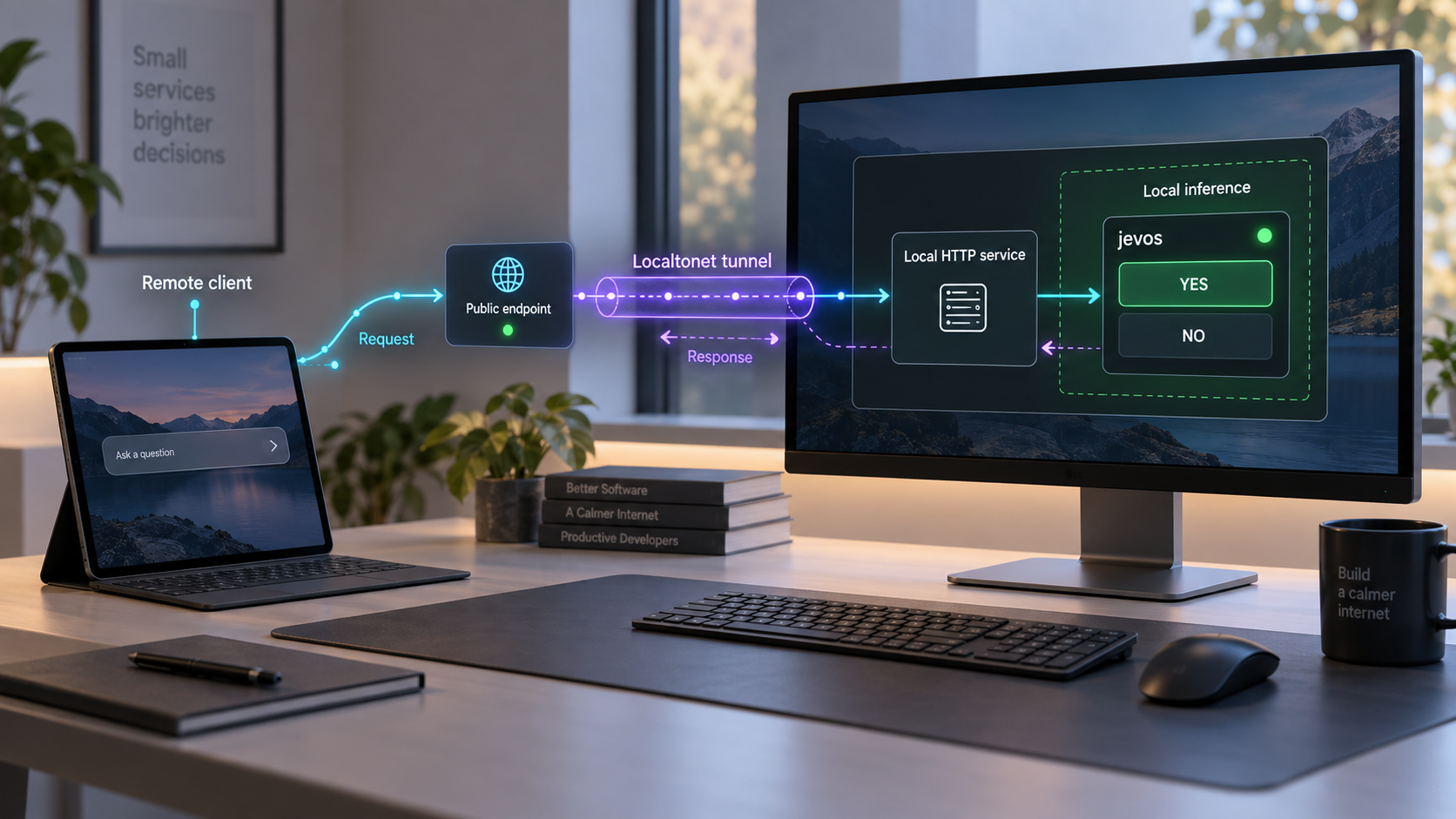 A remote application reaches a locally hosted jevos service through a Localtonet tunnel.