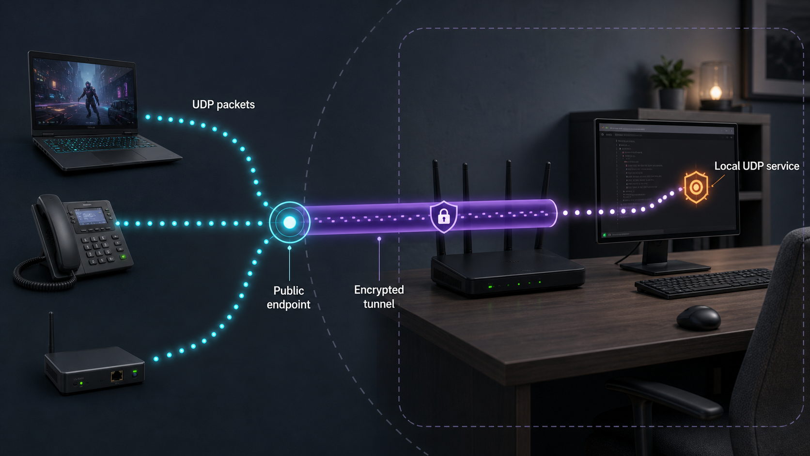 UDP packets traveling through a public endpoint and tunnel to a local service.